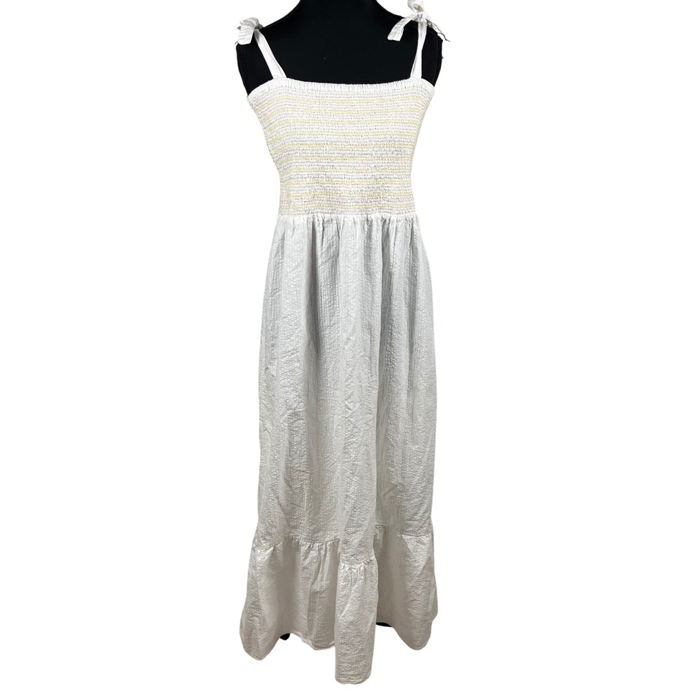 Cotton On White Seersucker Smocked Maxi Dress Yellow Pink Stitching Sz Large